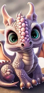 Adorable baby dragon with big eyes and pink scales on a fantasy background.