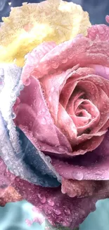 Multicolored rose with raindrops mobile wallpaper.