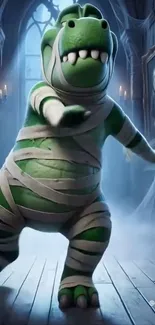 A cartoon dinosaur mummy in a spooky hallway setting.