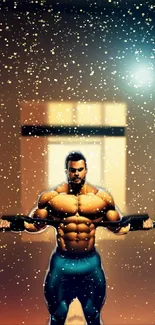 Animated muscular figure lifting weights in a gym setting with glowing effects.