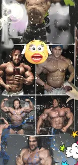 Muscular bodybuilders with emojis and rainbows on dark wallpaper.