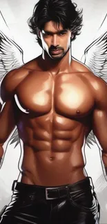 Mobile wallpaper of a muscular male angel with detailed wings in a fantasy style.