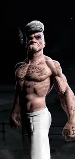 Muscular cartoon sailor character with tattoos in a dark artistic setting.