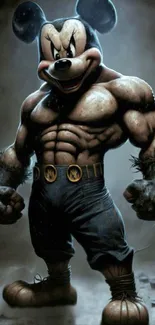 Muscular cartoon character in dark, dramatic setting on mobile wallpaper.