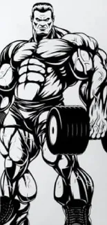 Muscular cartoon character lifting dumbbells with a bold black and white design.