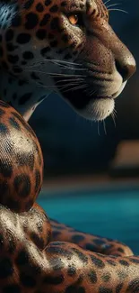 Muscular cheetah by a pool in dramatic lighting.