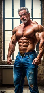 Muscular man standing by a window in jeans, showcasing a fit physique.