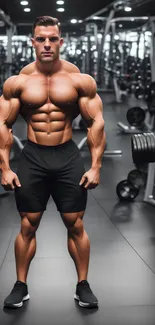 Muscular man standing in a gym setting.