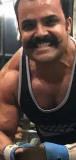 Muscular man smiling at the gym wearing a tank top.