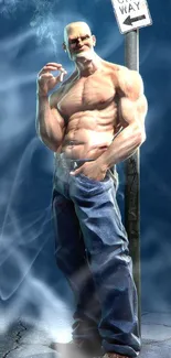 Muscular man leaning on a pole under a one-way street sign.