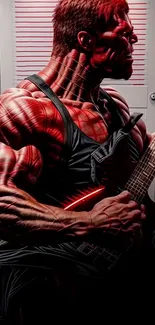 Muscular superhero playing guitar in vibrant red.