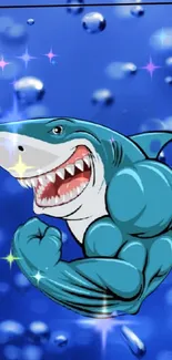 Cartoon muscular shark in blue vibrant background with bubbles.