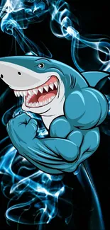 Dynamic wallpaper featuring a muscular shark with swirling blue smoke.