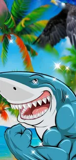 Cartoon shark with muscles amid tropical beach scene with palm trees.