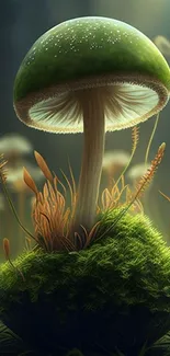 A whimsical green mushroom in a magical forest setting with detailed foliage.