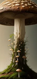 Enchanting mushroom fantasy wallpaper with earthy tones and lush greenery.