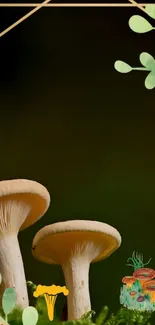 Aesthetic mushroom wallpaper with green foliage and fungi illustration.