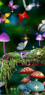 Colorful fantasy forest wallpaper with mushrooms and butterflies.