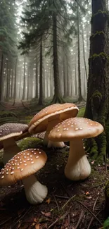 Mushrooms in a misty forest with tall trees, perfect for wallpaper.