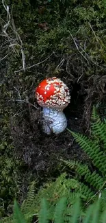 Red mushroom in lush green forest setting mobile wallpaper.