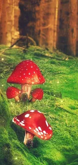 Enchanting forest wallpaper with red mushrooms and green moss.