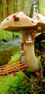 Mushroom house in lush green forest with stream.