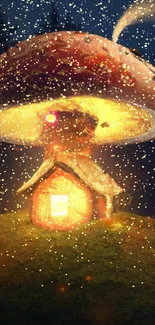 Glowing mushroom house in a mysterious forest at night.