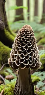 Unique mushroom in lush forest setting.