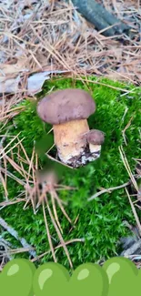 A brown mushroom in green moss on a forest floor with pine needles.