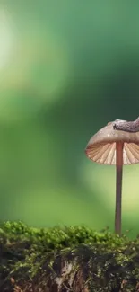 Mushrooms with snails against a green forest background.