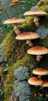 Mushrooms growing on a moss-covered log with vibrant greenery.