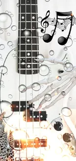 Surreal wallpaper with guitar, leopard, and musical notes amidst bubbles.