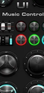 Sleek music control interface wallpaper with colorful knobs and buttons.