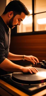 DJ focused on spinning vinyl record on turntable.