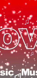 Red wallpaper with music notes and word 'Love' design.