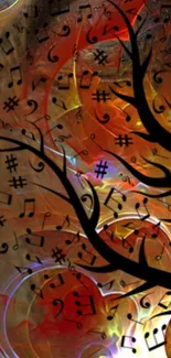 Abstract art wallpaper featuring music notes on a vibrant orange background.