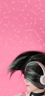 Pink wallpaper with music notes and stylish girl wearing headphones.