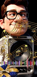 Animated musician character with musical notes and speakers in a vibrant design.