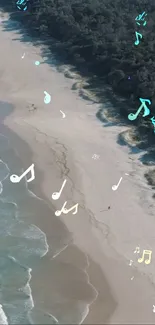 Aerial view of a beach with musical notes overlay.