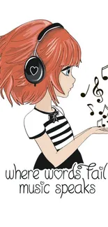 Cartoon girl listening to music with notes and headphones.