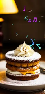 A delicious dessert with musical notes on a plate.