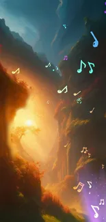 Fantasy canyon with floating musical notes and vibrant colors.