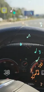 Car dashboard with colorful music notes while driving on the road.