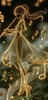 Glowing silhouette of girl playing flute with musical notes in art wallpaper.