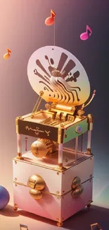 Whimsical 3D music box with colorful notes.