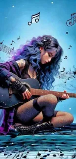 Anime girl playing guitar with musical notes background.