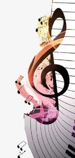 Artistic wallpaper with piano keys and colorful musical notes.