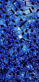 Blue galaxy wallpaper with black music notes and stars.