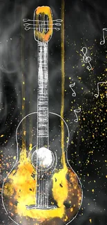 Abstract guitar art with yellow tones and musical notes on a black background.