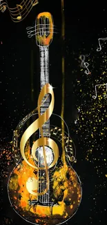 Artistic guitar wallpaper with golden musical notes on a black background.